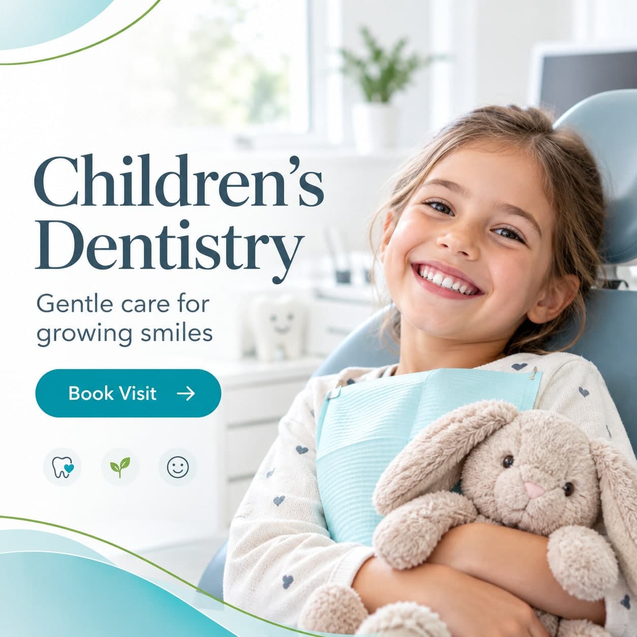Pure Elegant Smile graphic reading “Children’s Dentistry — gentle care for growing smiles”, beside a young girl smiling in the dental chair