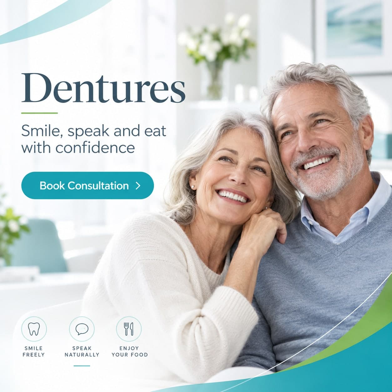 Pure Elegant Smile graphic reading “Dentures — smile, speak and eat with confidence”, beside an older couple smiling together