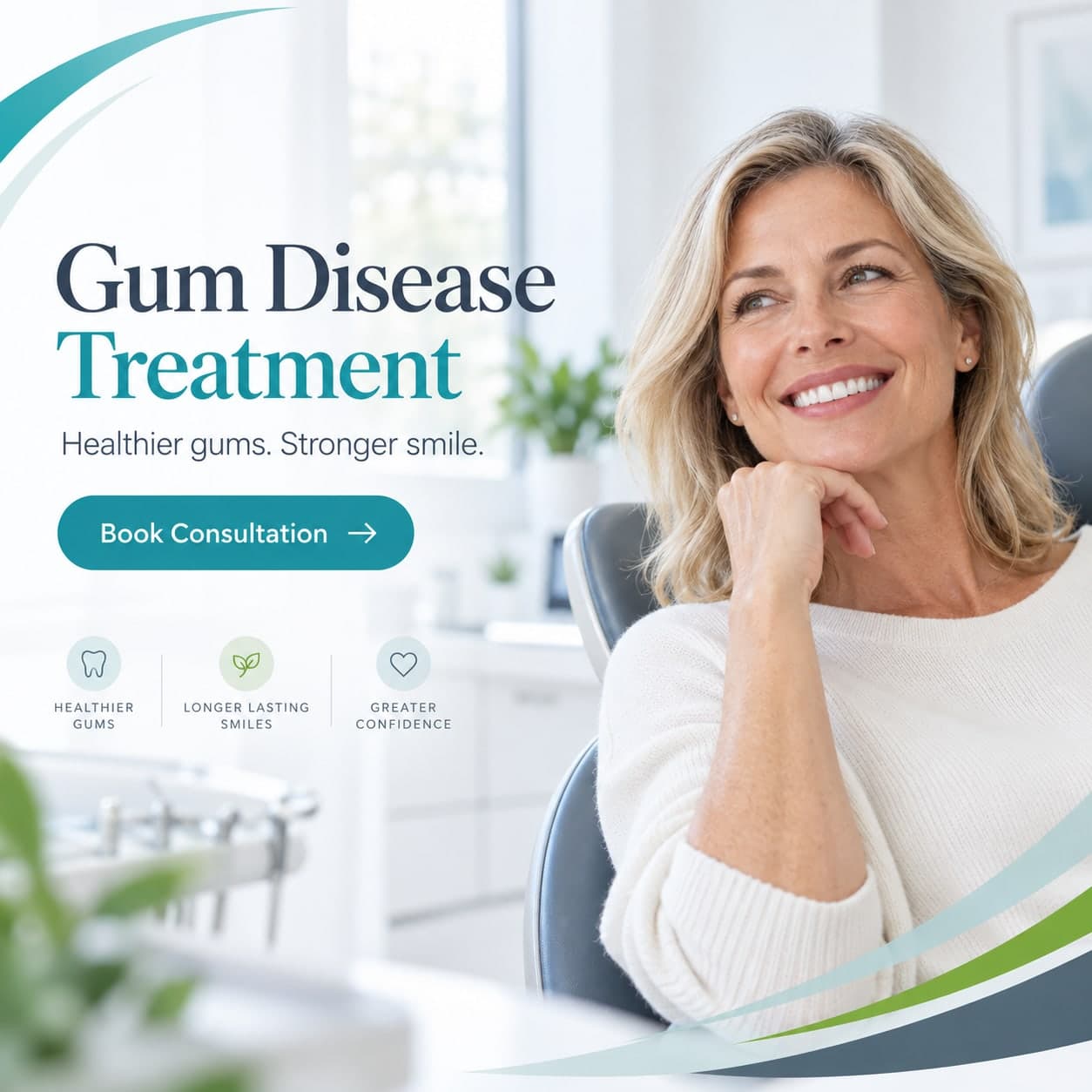 Pure Elegant Smile graphic reading “Gum Disease Treatment — healthier gums, stronger smile”, beside a woman smiling in the dental chair
