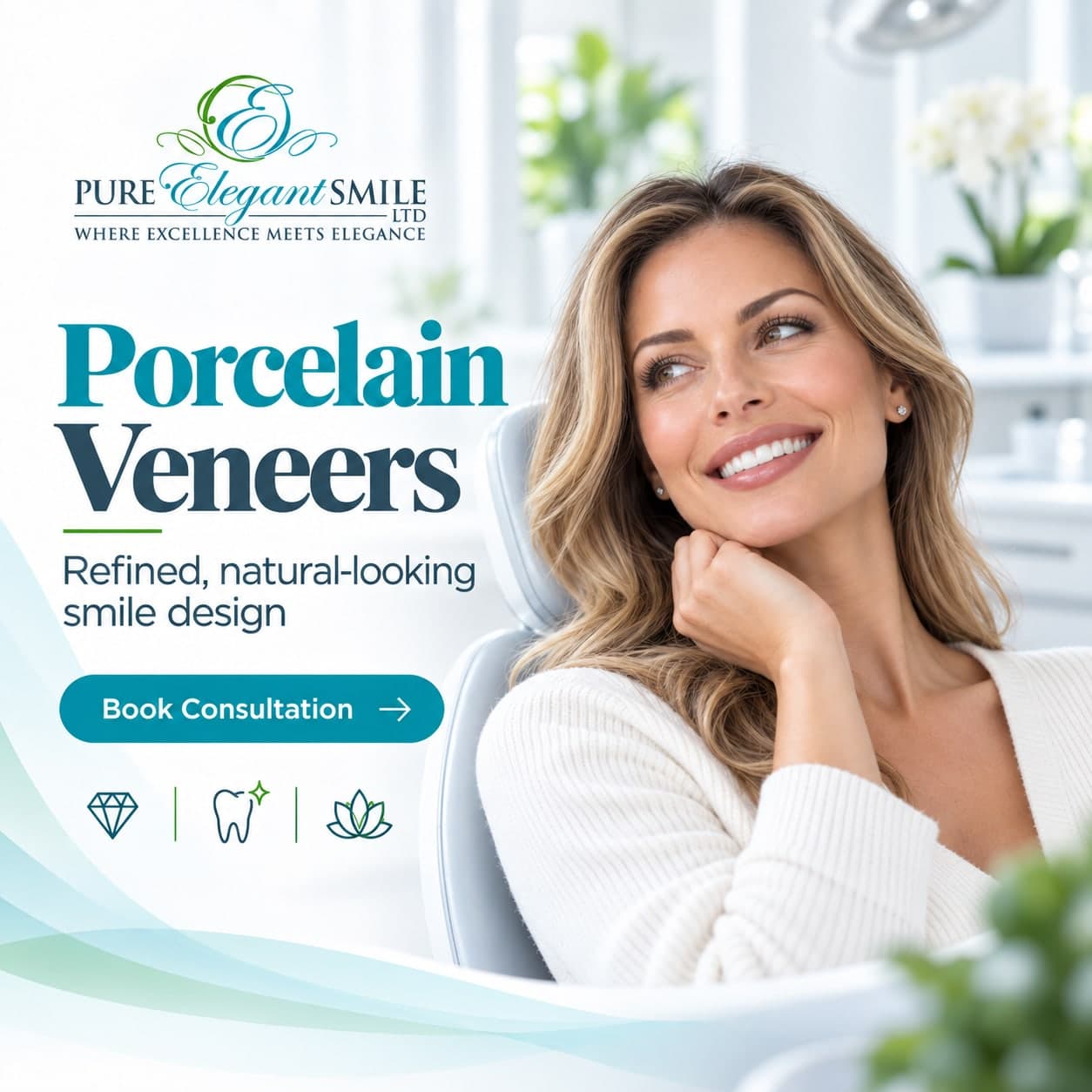 Pure Elegant Smile graphic reading “Porcelain Veneers — refined, natural-looking smile design”, beside a woman smiling in the dental chair