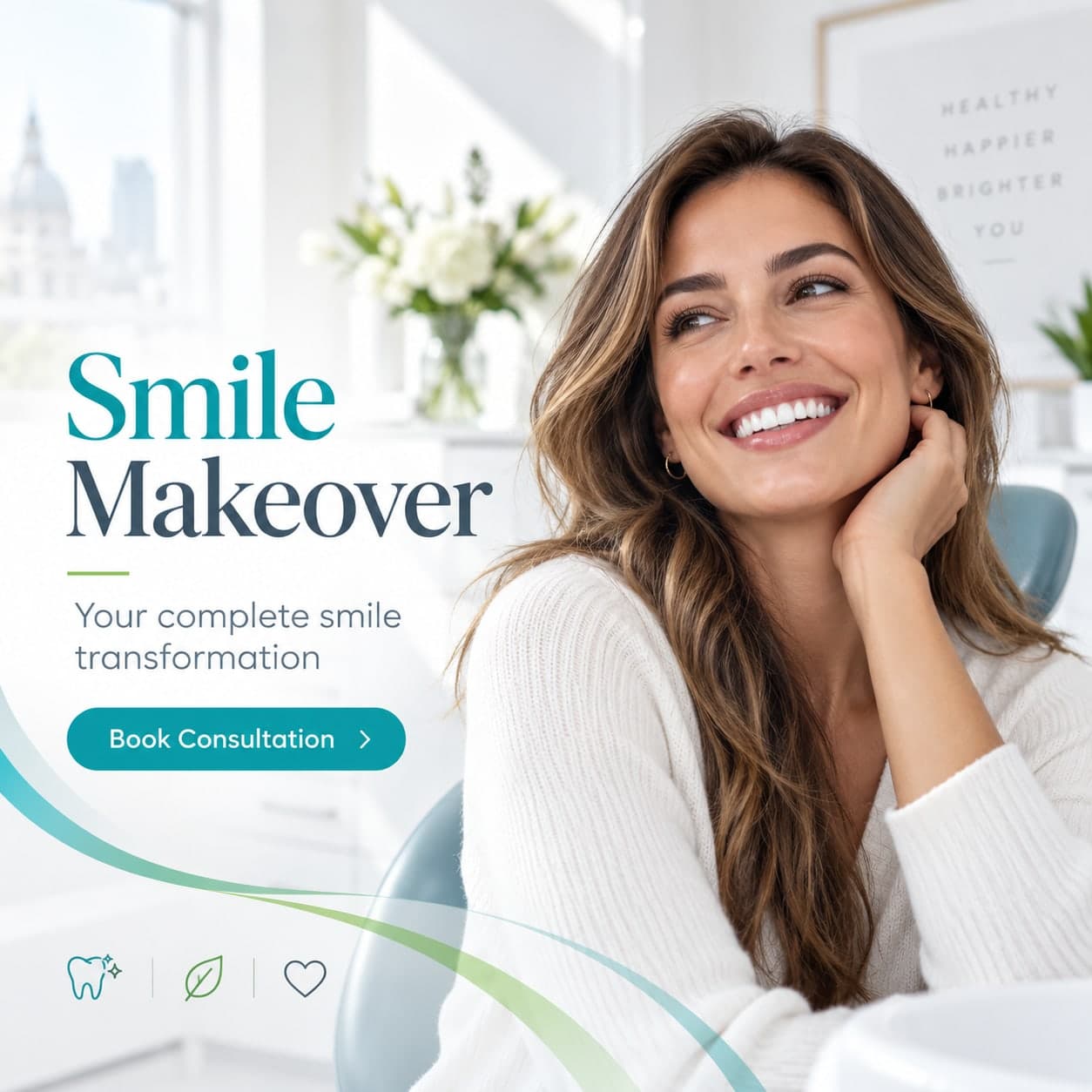 Pure Elegant Smile graphic reading “Smile Makeover — your complete smile transformation”, beside a woman smiling in the dental chair