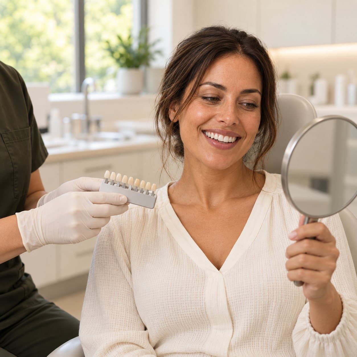 A dentist holding a tooth shade guide beside a patient looking into a hand mirror